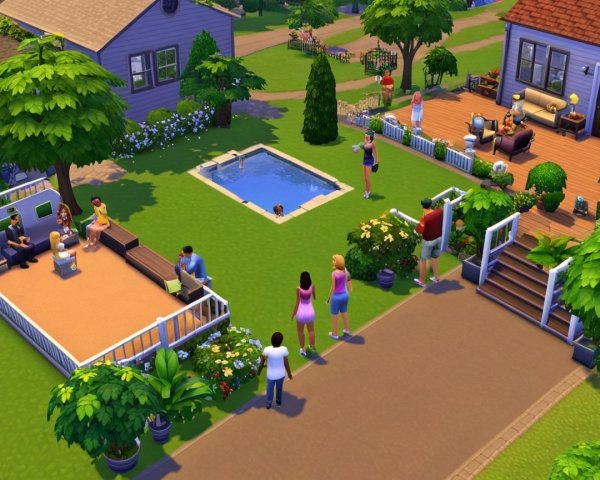 Vibrant Neighborhood Scene with Pool and Greenery