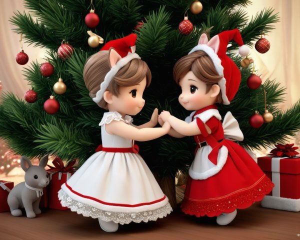 Chibi Dolls in Christmas Dance Pose with Festive Attire