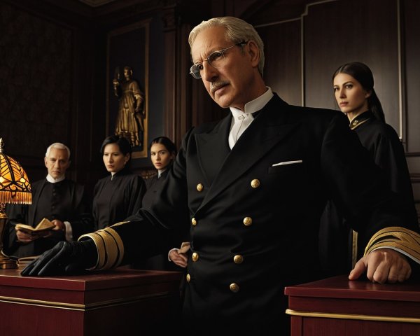 Courtroom Scene with Naval Officer and Justice Statue