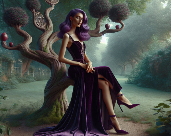 Mystical garden scene with elegant figure and surreal tree