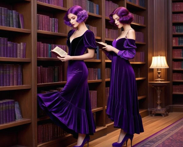 Elegant Library with Stylish Women in Velvet Gowns