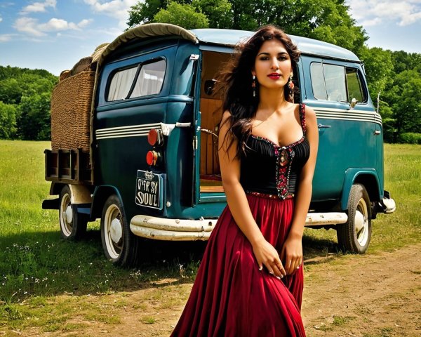 Young woman in vintage style by blue van in field