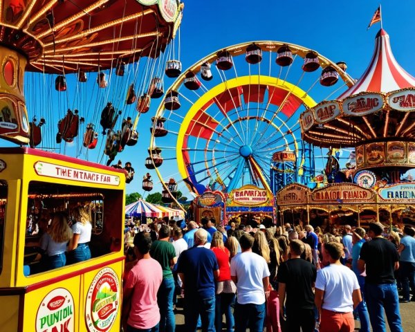 Vibrant Fair Scene with Colorful Rides and Crowds
