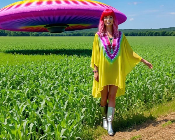 Vibrant Field Scene with Colorful UFO and Woman