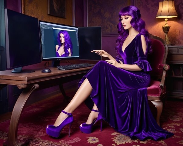 Woman with Purple Hair at Vintage Desk in Elegant Room