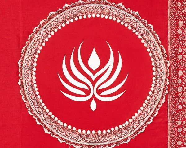 Vibrant Red Fabric with Intricate White Flame Design