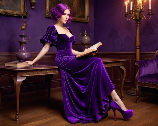 Elegant Woman in Purple Gown at Antique Table