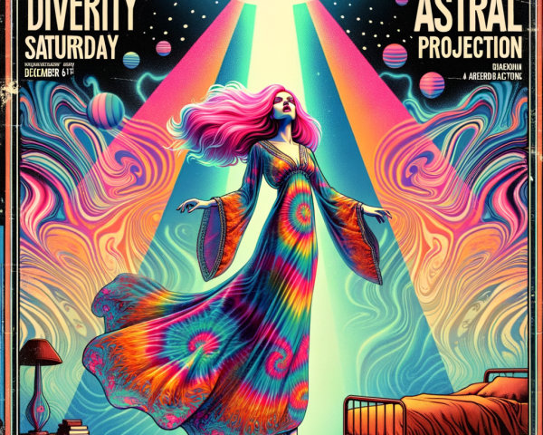 Psychedelic Artwork of Woman Floating with UFO Beams