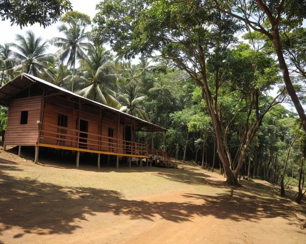 Rustic Wooden Cabin Surrounded by Lush Greenery