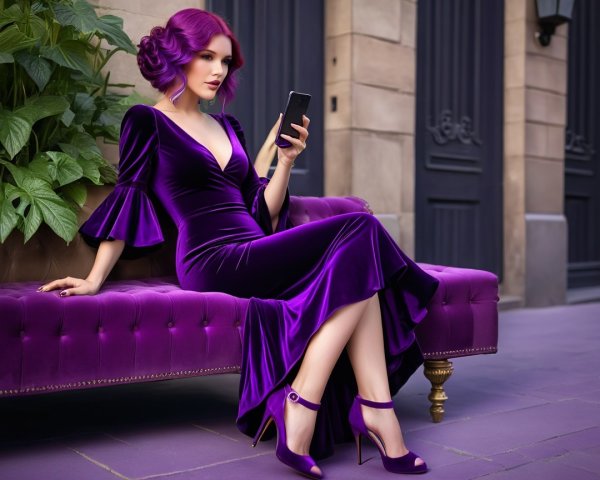 Elegant woman with purple hair on a plush couch