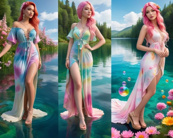 Elegant Tie-Dye Dresses by a Serene Lake Setting