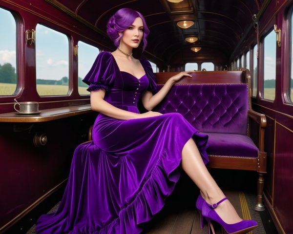 Elegant Woman in Purple Gown in Vintage Train Carriage