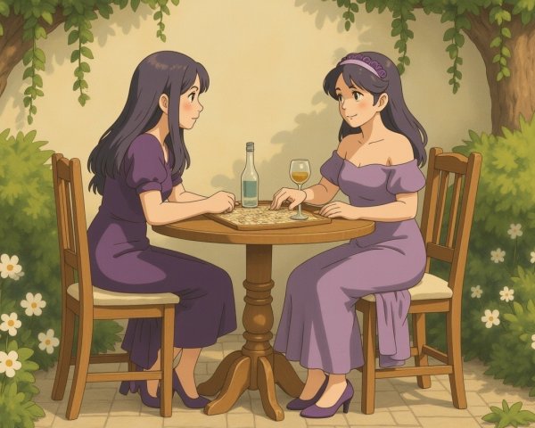 Women in Purple Dresses at Outdoor Table Setting