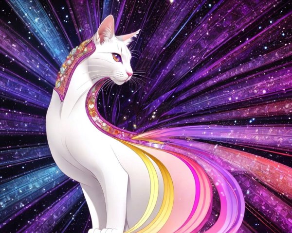 Majestic white cat with purple eyes in cosmic scene