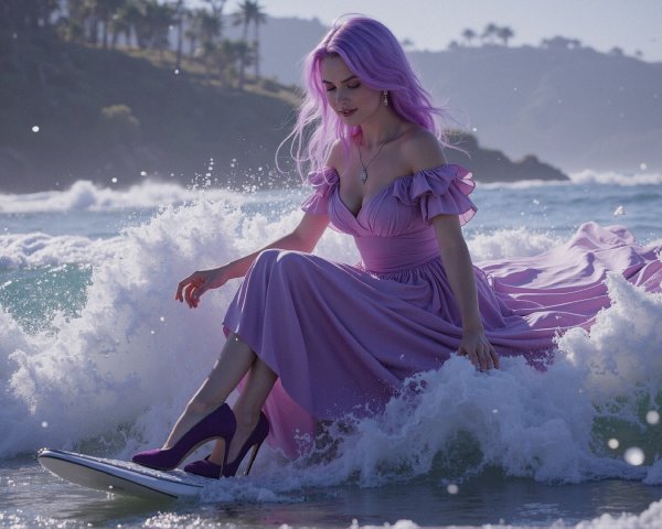 Woman with Lavender Hair on Surfboard in Ocean Waves