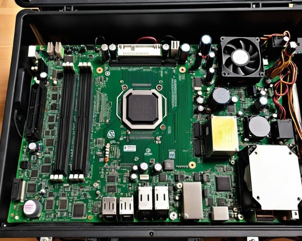 Close-up of a computer motherboard in a case