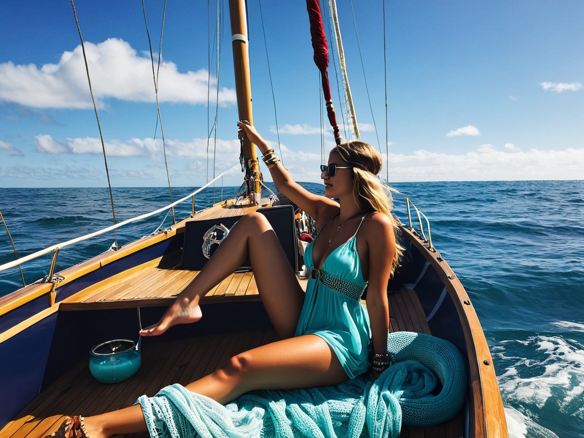 Woman in Turquoise Swimsuit on Sailboat Deck