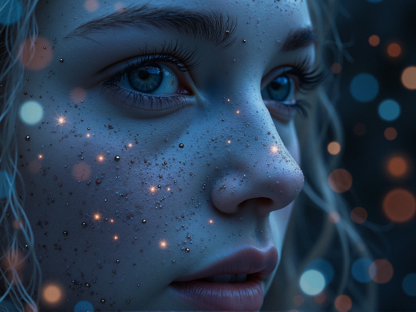 Close-up of a woman's face with glitter and bokeh lights