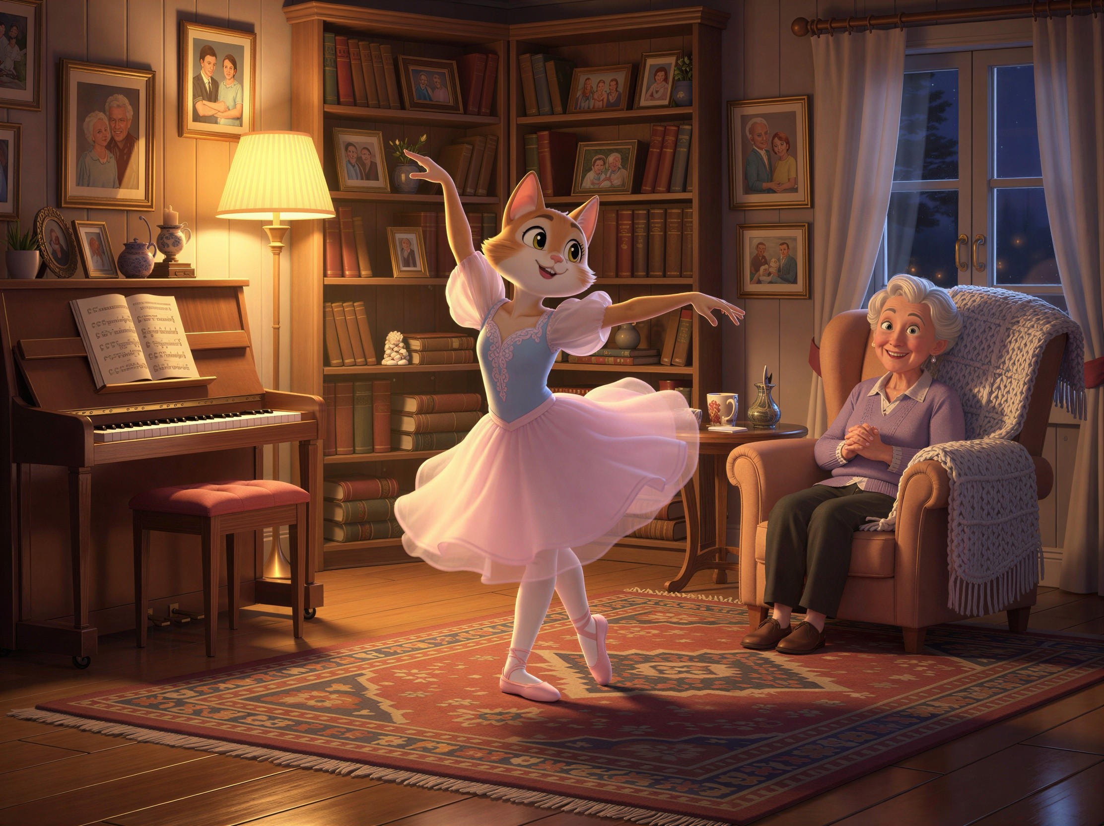 Cozy Living Room with Dancing Fox Ballerina Scene