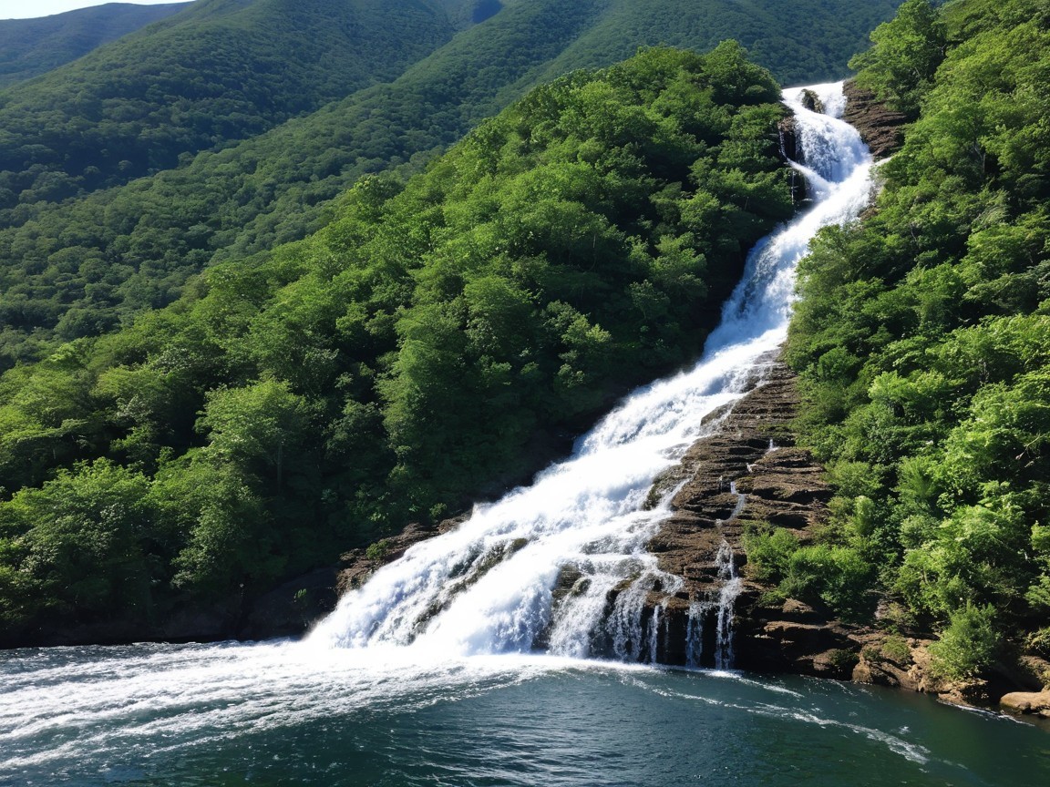 Waterfall Surrounded by Forests and Mountains
