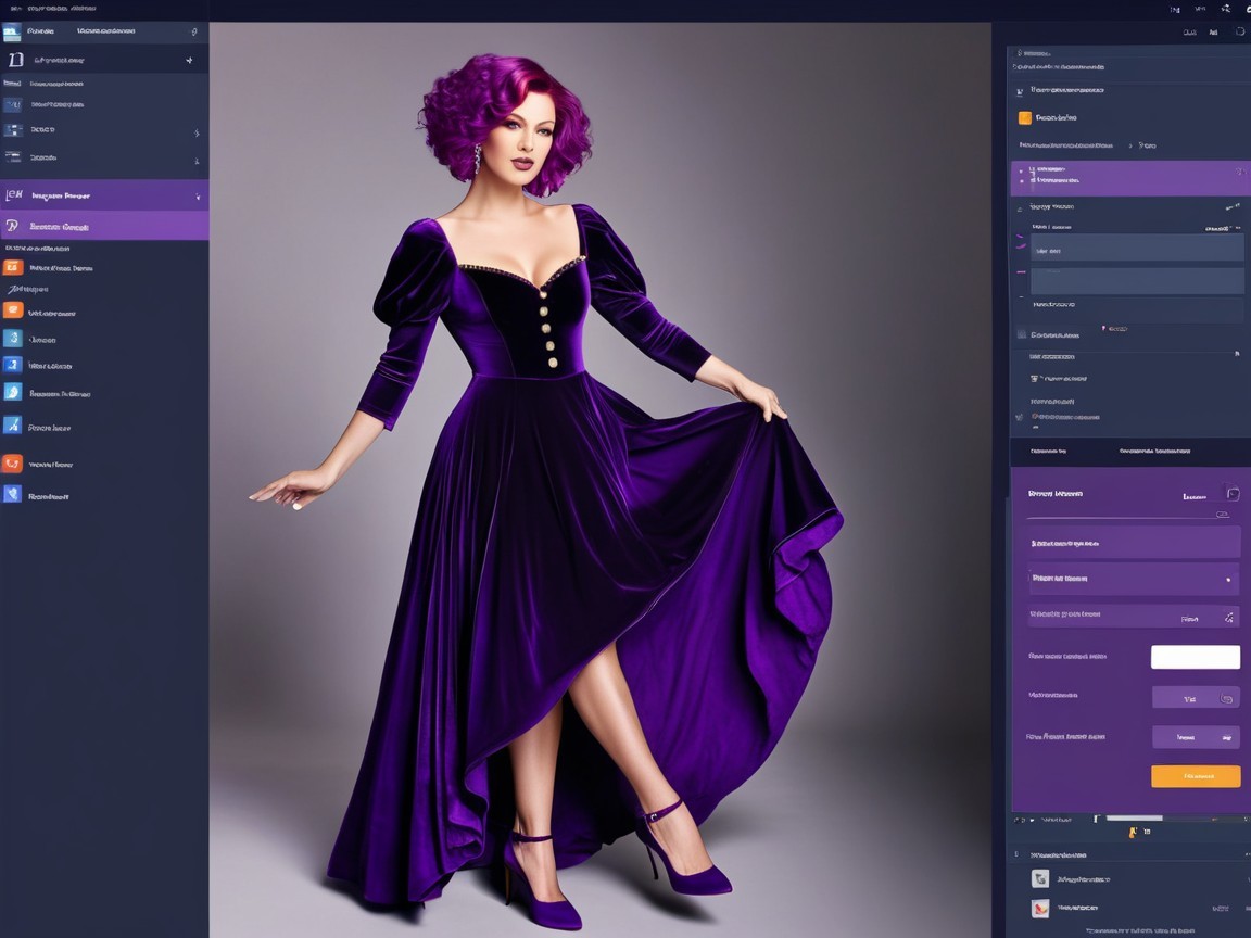 Glamorous figure in purple gown with puffed sleeves