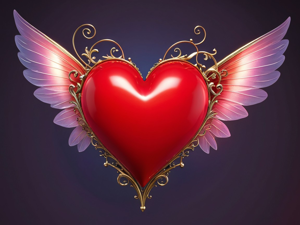 Red Heart with Golden Swirls and Pink Wings Design