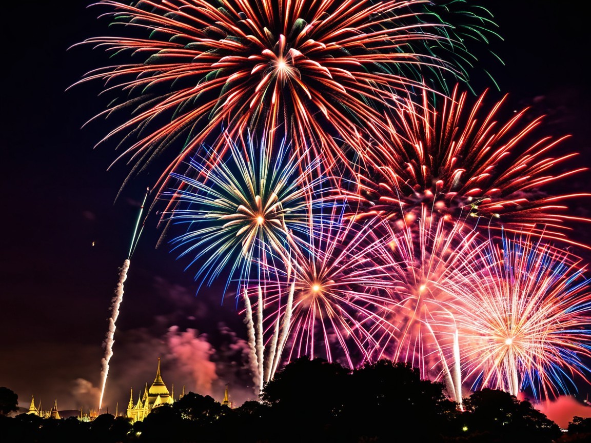 Vibrant Fireworks Illuminate Night Sky and Trees