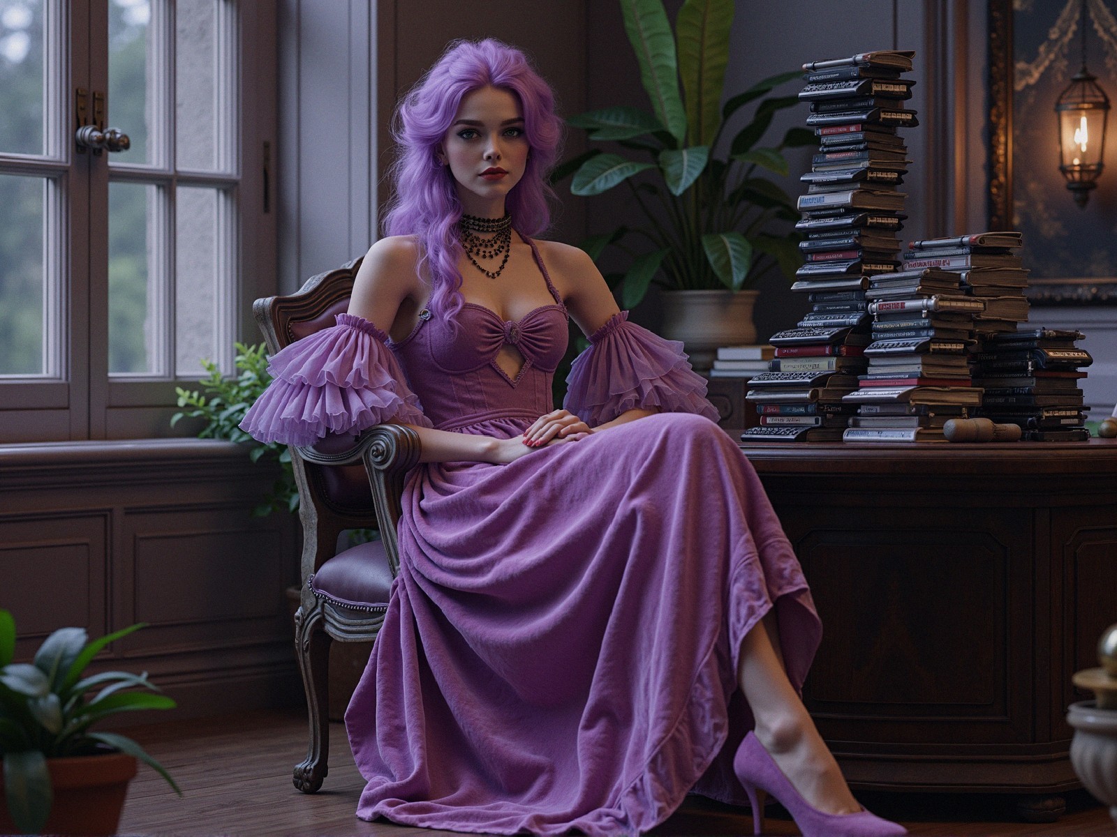 Lavender-haired woman in elegant purple gown indoors