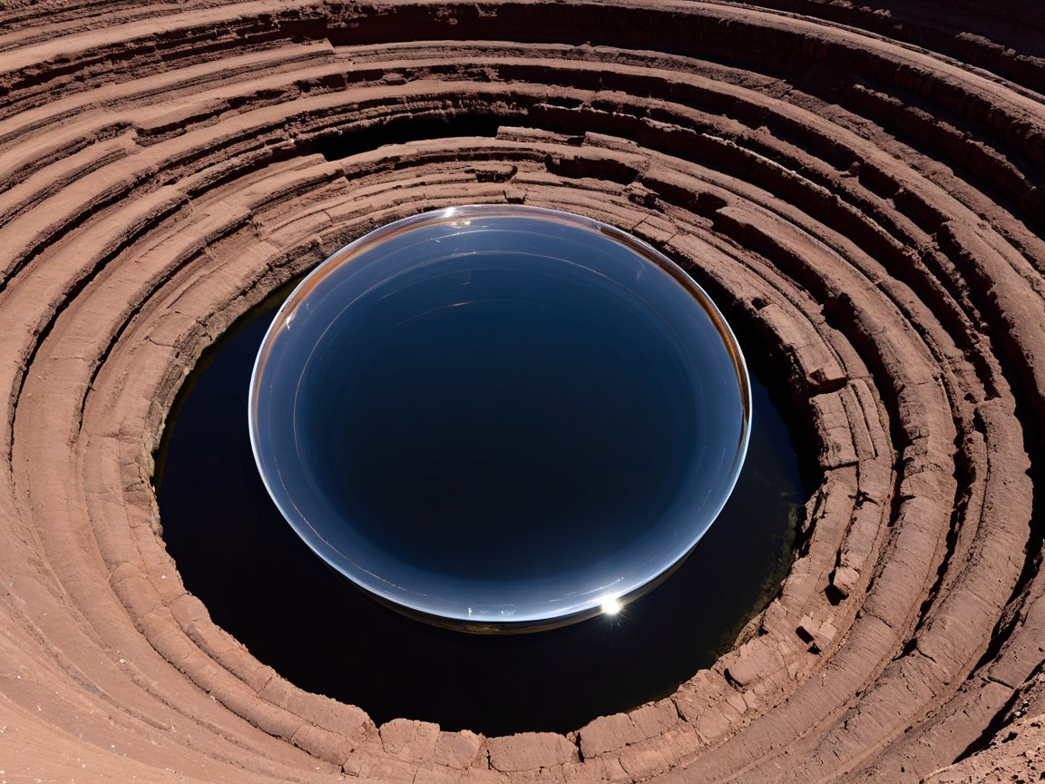Deep Circular Hole with Dark Water and Layered Rocks