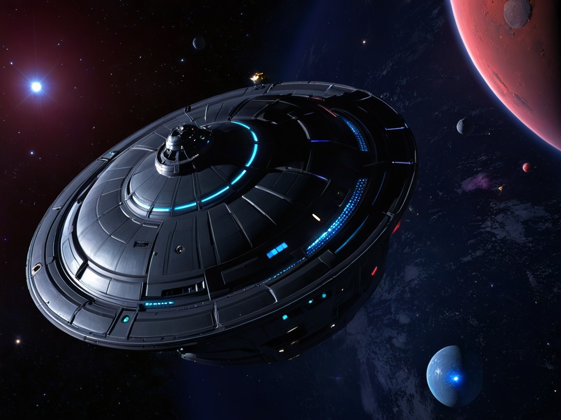 Futuristic spaceship in space with vibrant lights and planets