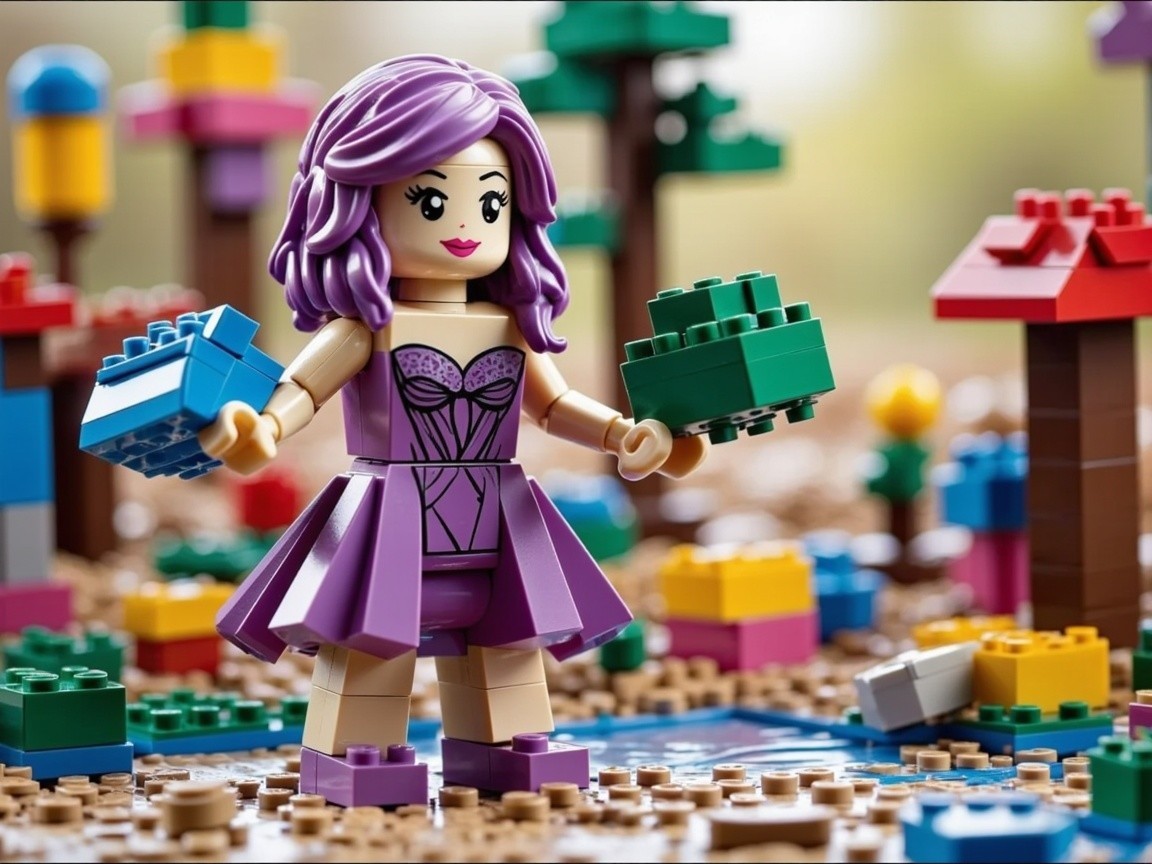 LEGO Minifigure in Purple Dress with Colorful Landscape