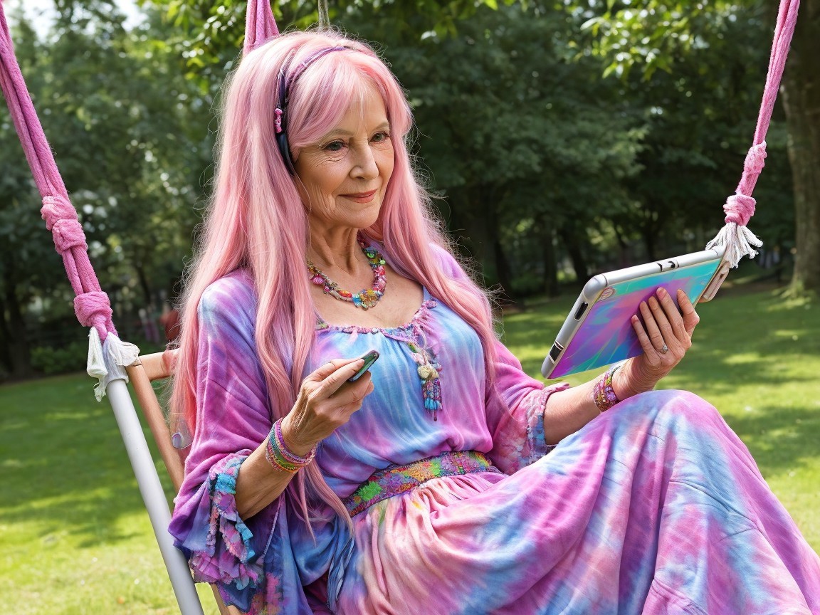 Elderly Woman with Pink Hair on Swing in Park