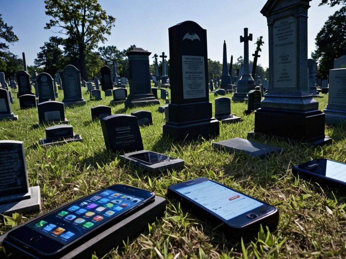 Graveyard Scene with Smartphones and Headstones