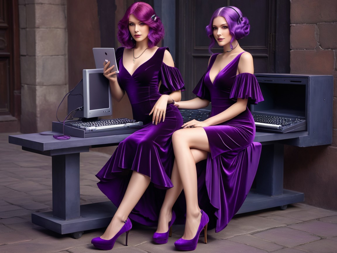 Elegant Women in Purple Velvet Gowns with Technology