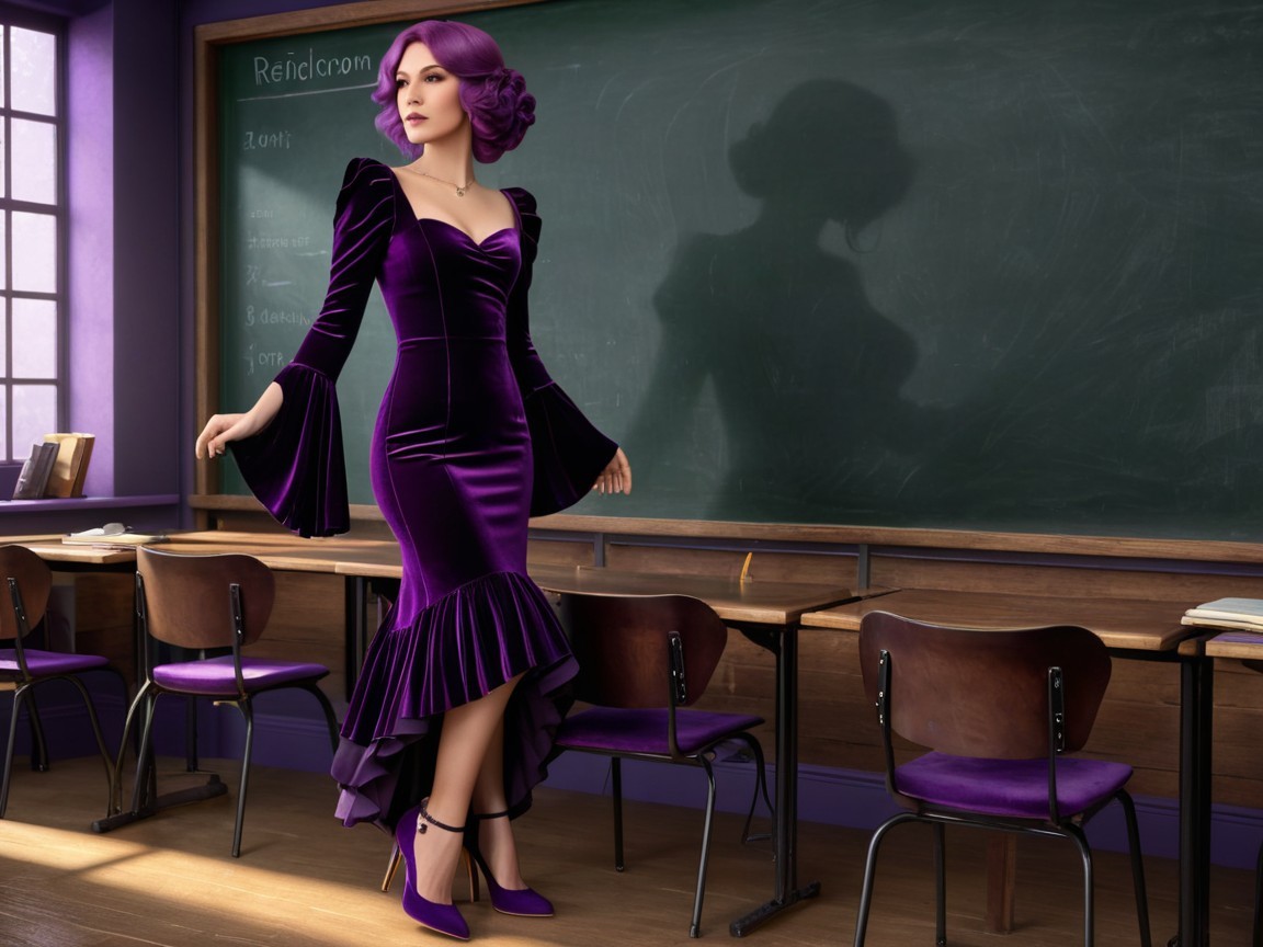Woman in Purple Velvet Dress in Classroom Setting