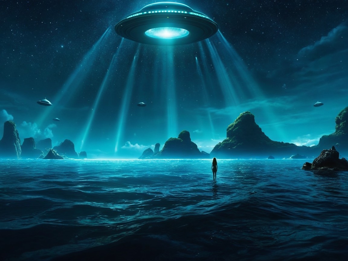 Seascape with Silhouetted Figure and UFOs at Night