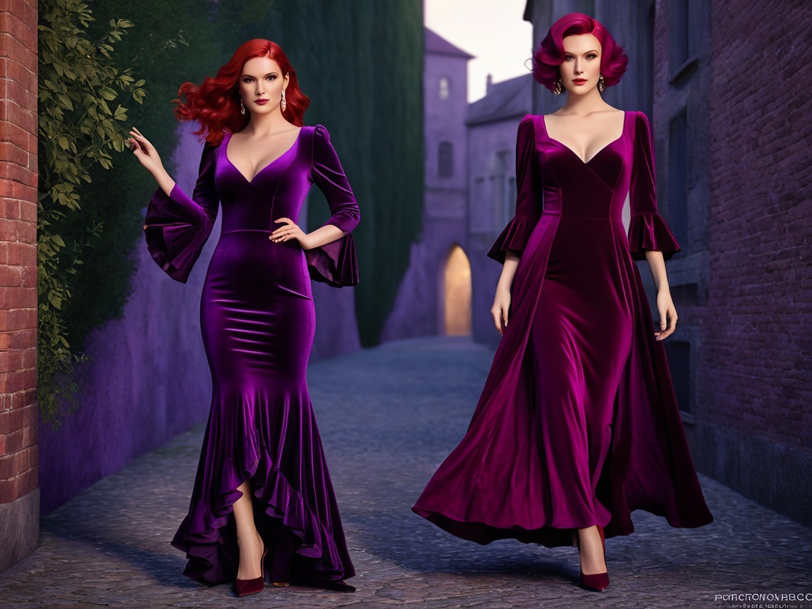 Elegant Women in Purple Velvet Dresses in Alleyway