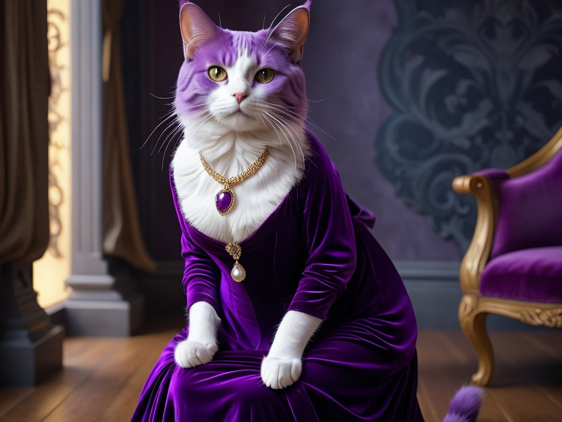 Regal Cat in Purple Dress with Luxurious Accessories