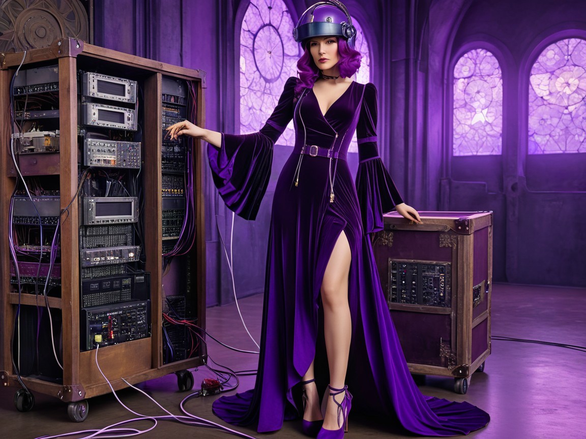 Glamorous figure in purple velvet gown and helmet