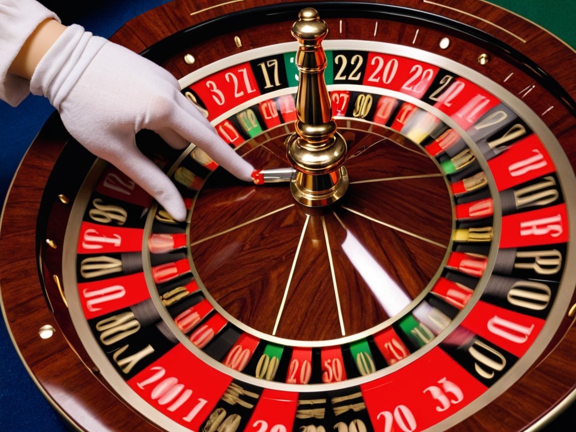 Close-up of a roulette wheel with polished wood and ball