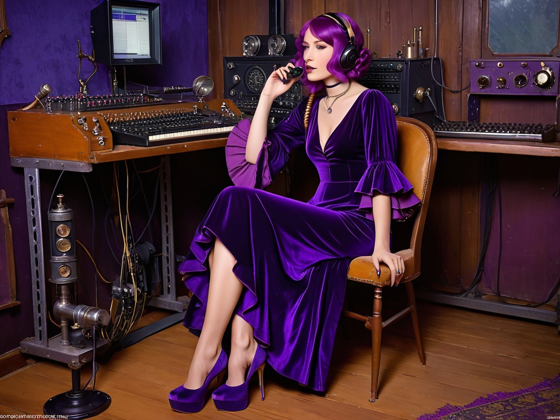 Elegant Woman in Vintage Setting with Purple Dress