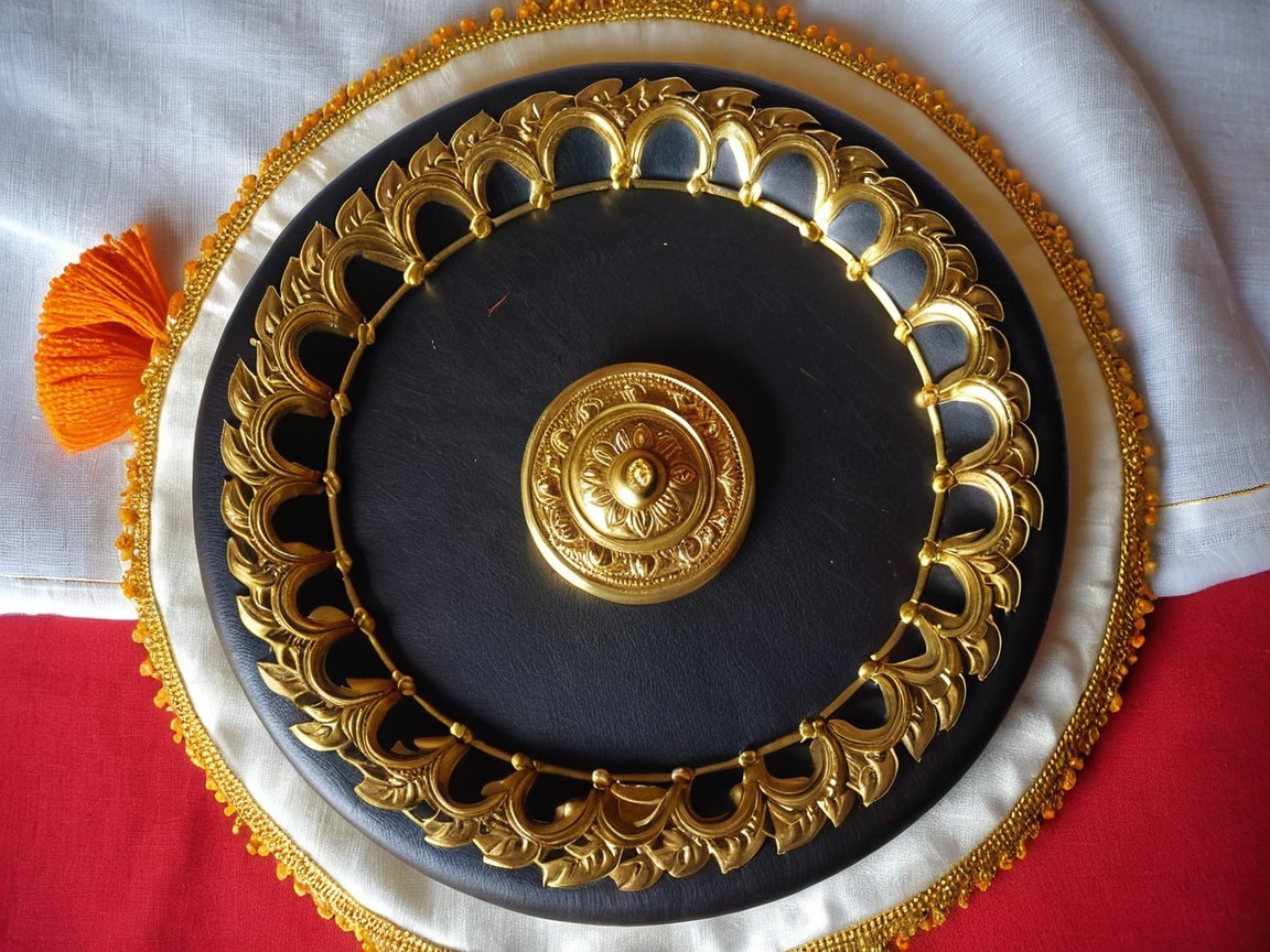 Ornate Decorative Item with Golden Border and Fabrics