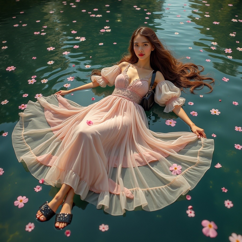 Young woman in pink gown on serene pond with flowers