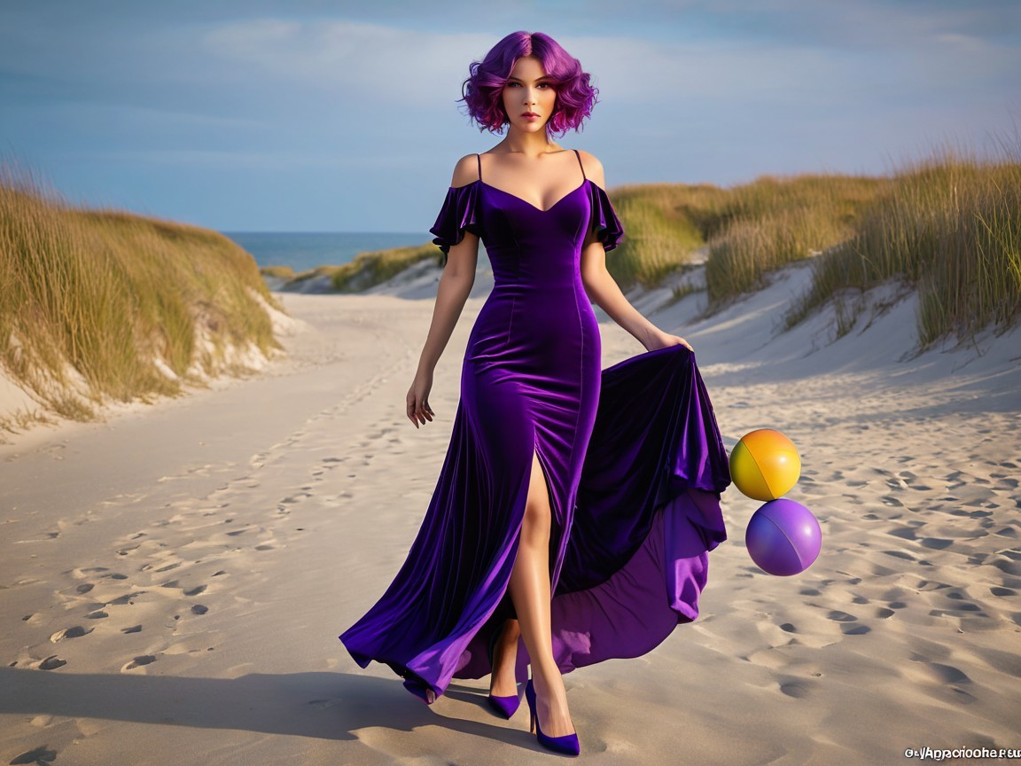 Woman in Purple Velvet Dress on Sandy Beach