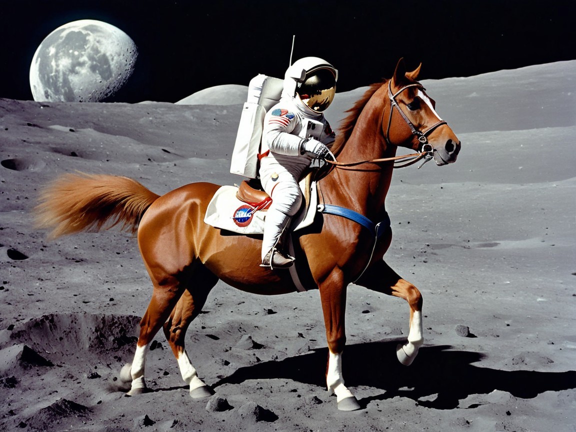 Astronaut on Horseback on Lunar Surface with Earth View