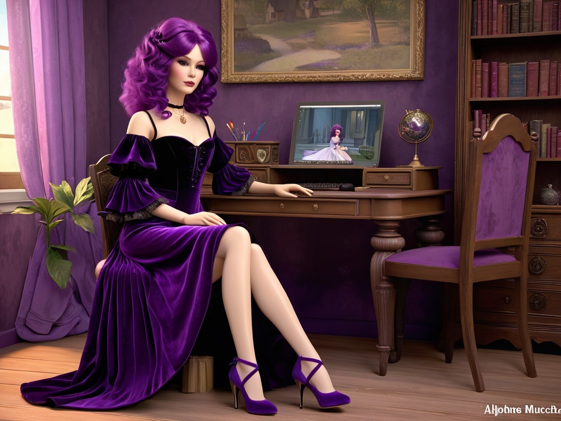 Lifelike doll in purple gown at elegant desk setting