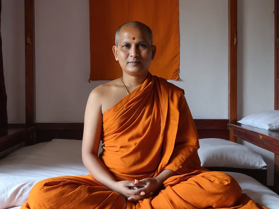 Serene monk in orange robe in minimalistic room