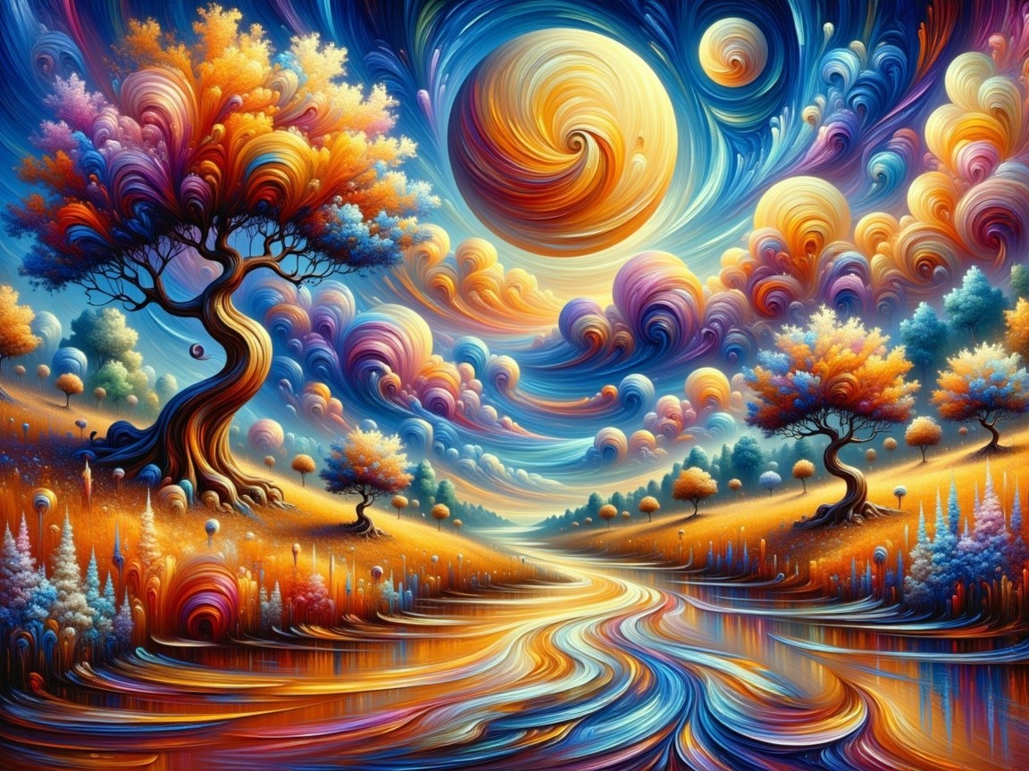 Vibrant Landscape with Whimsical Trees and Moon