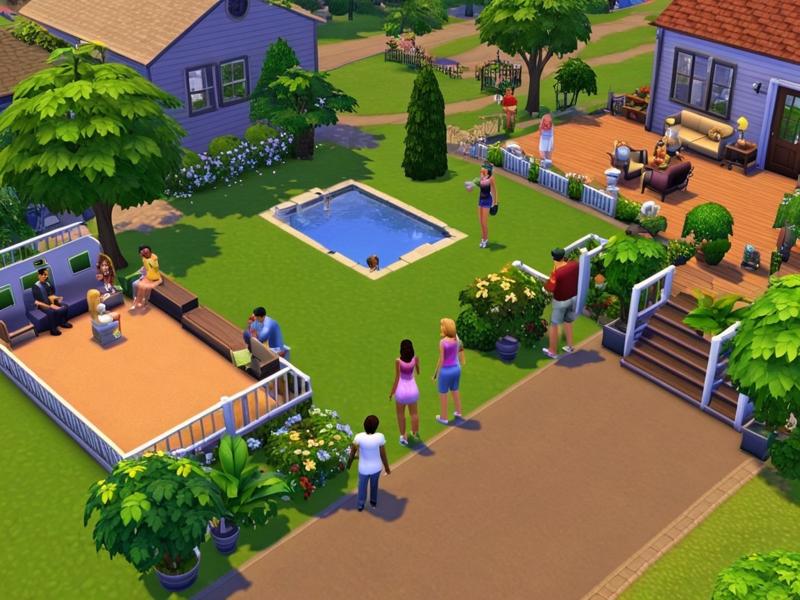 Vibrant Neighborhood Scene with Pool and Greenery