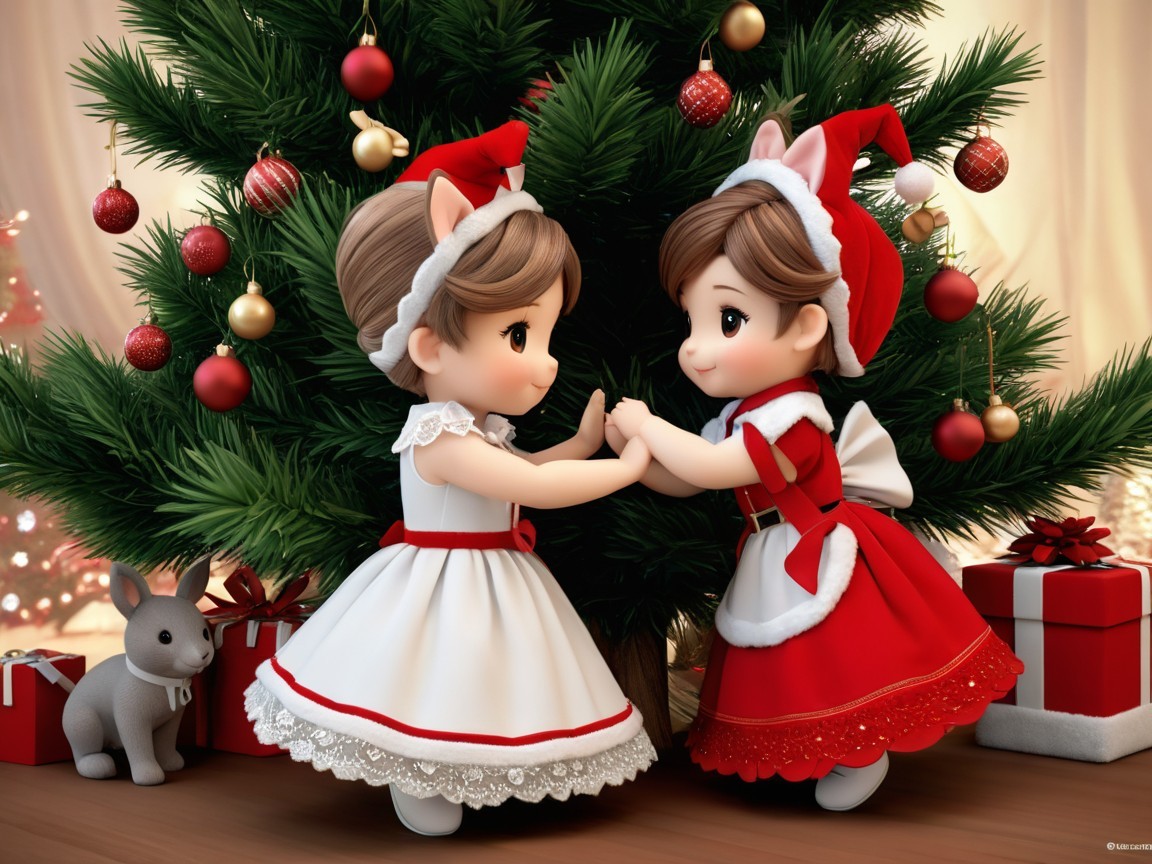 Chibi Dolls in Christmas Dance Pose with Festive Attire